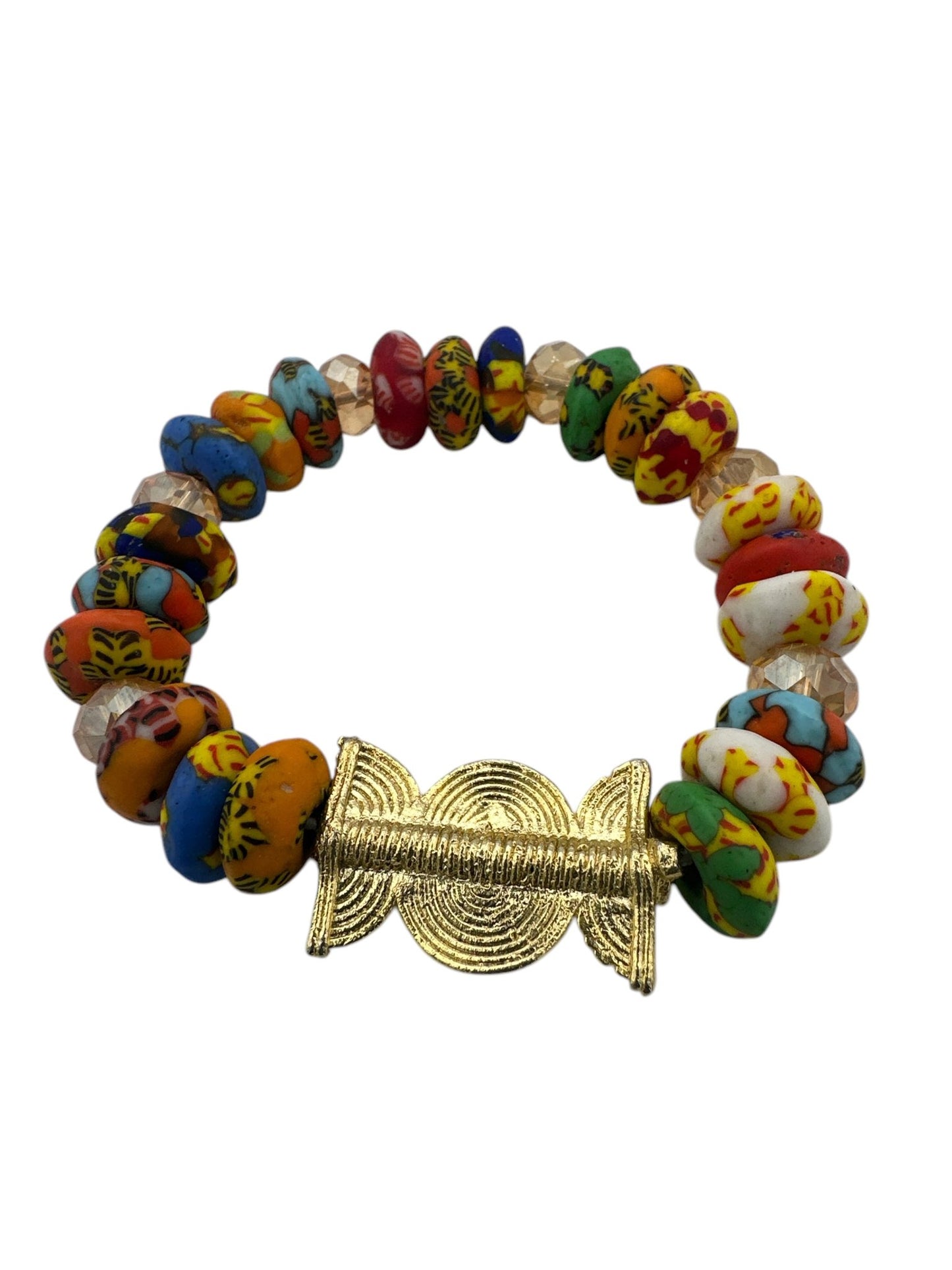 Authentic West Africa Elasticity Multicolour Krobo Beads Brass Ethnic Bracelet - Fatisha Boutique