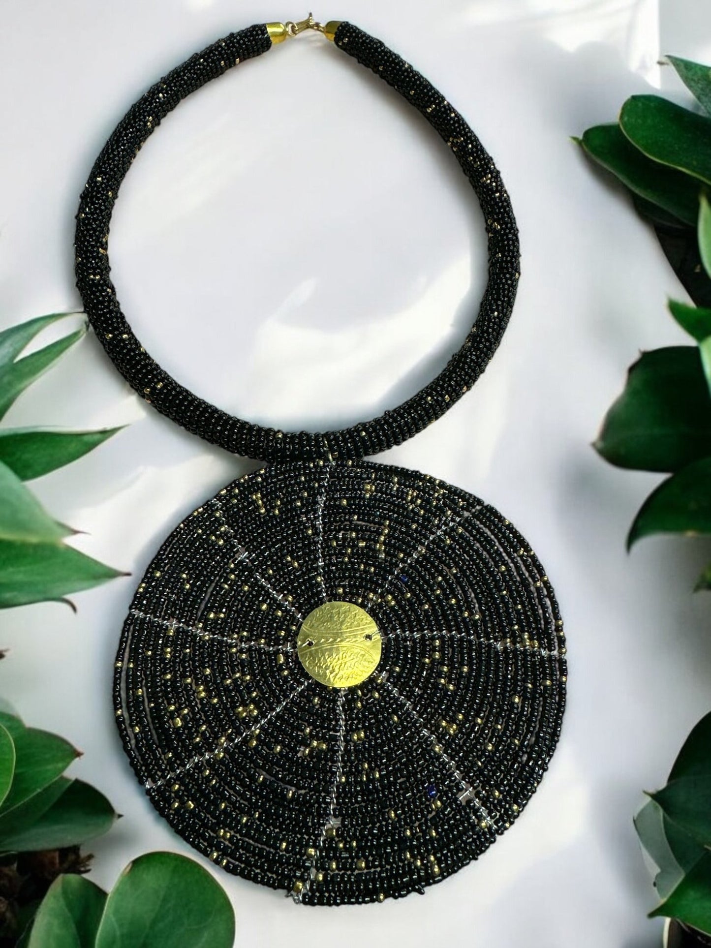 Black Beaded Pendant Necklace - Handmade African Statement Jewellery - Fatisha Boutique