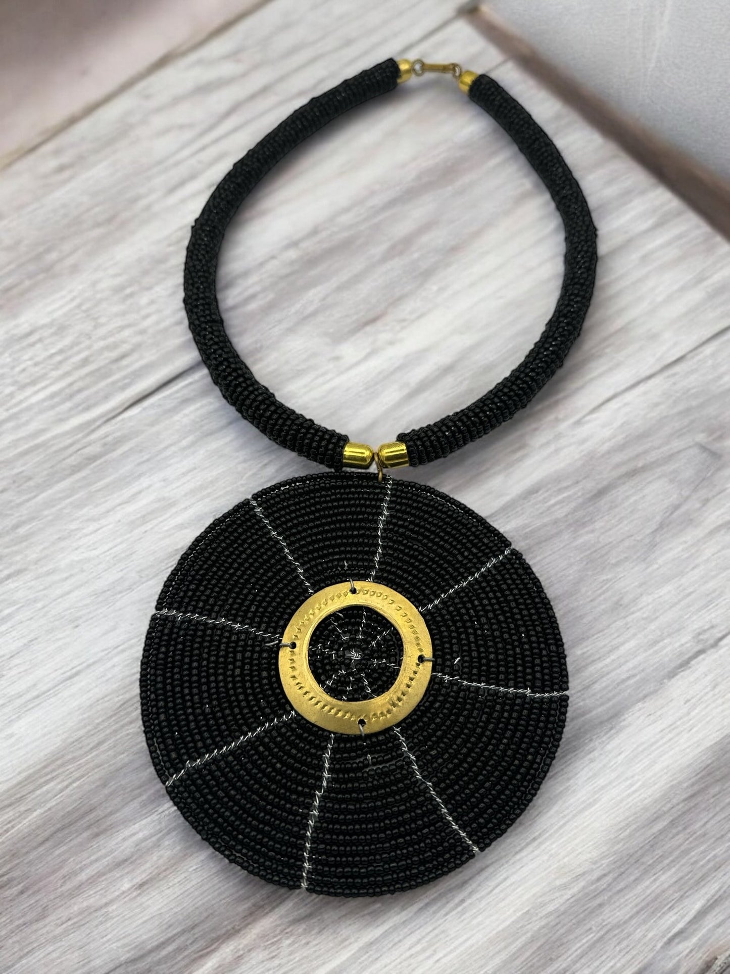 Black Beaded Pendant Necklace - Handmade African Statement Jewellery - Fatisha Boutique