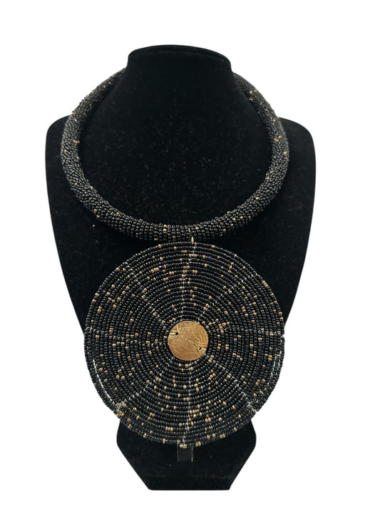 Black Beaded Pendant Necklace - Handmade African Statement Jewellery - Fatisha Boutique