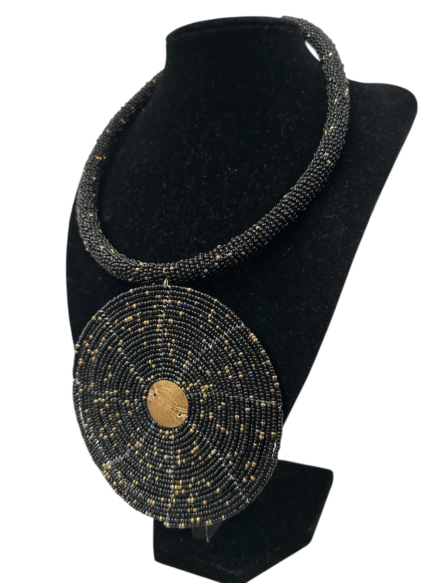Black Beaded Pendant Necklace - Handmade African Statement Jewellery - Fatisha Boutique