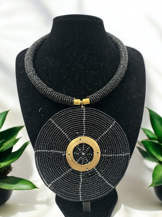 Black Beaded Pendant Necklace - Handmade African Statement Jewellery - Fatisha Boutique