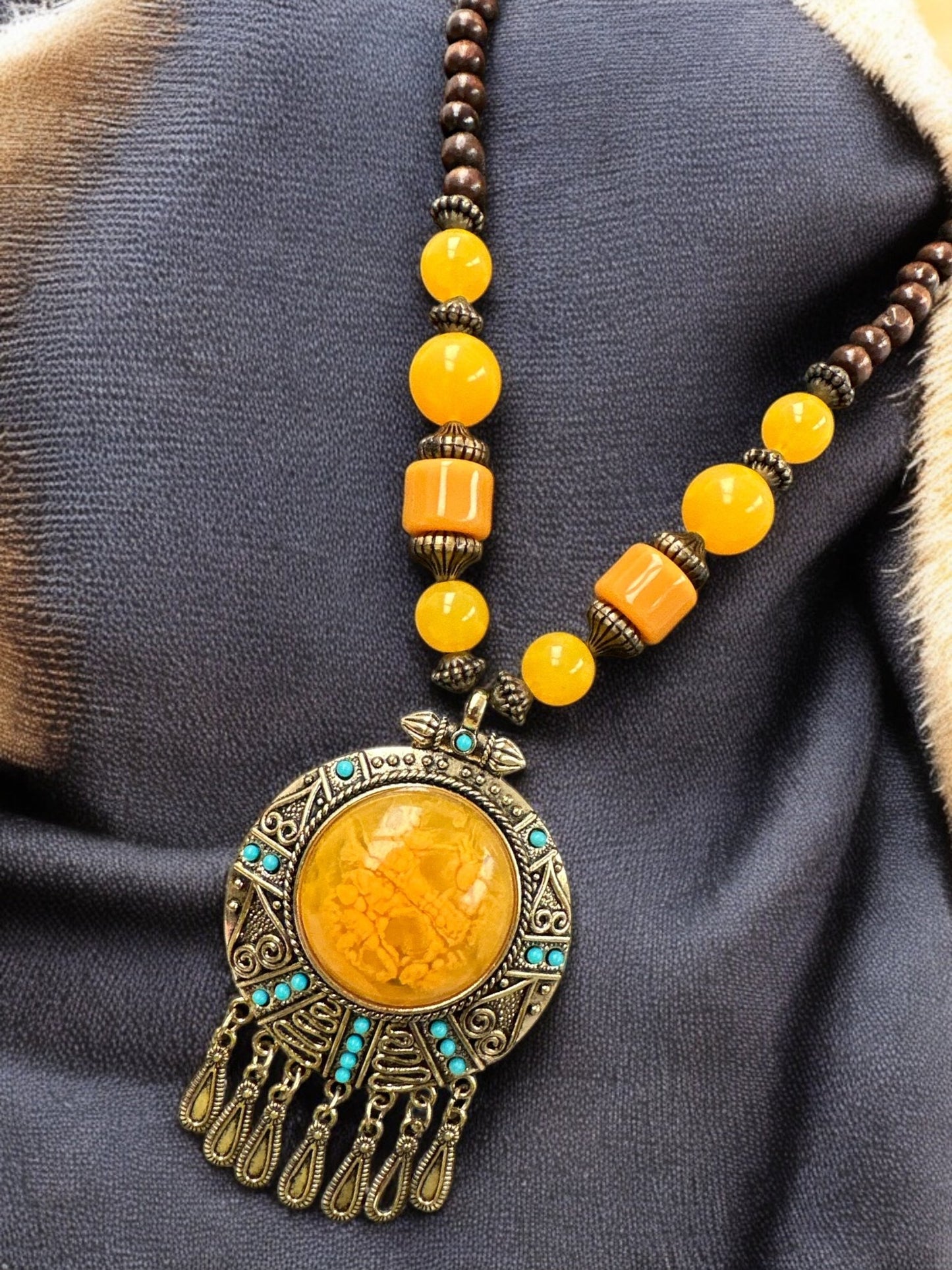 Bohemia Colourful Resin and Wooden Beaded Ethnic Pendant Necklace - Fatisha Boutique