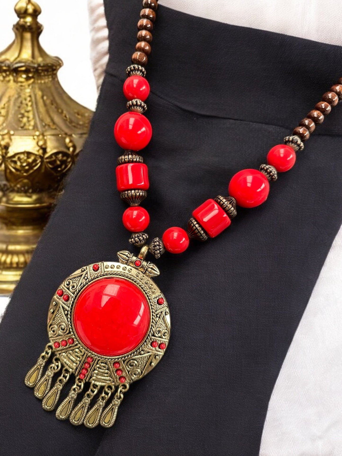 Bohemia Colourful Resin and Wooden Beaded Ethnic Pendant Necklace - Fatisha Boutique
