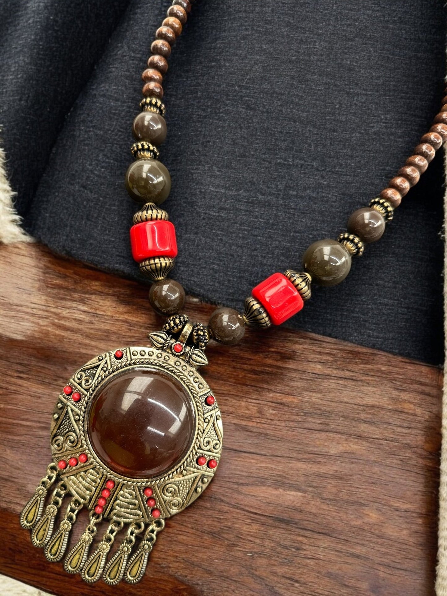 Bohemia Colourful Resin and Wooden Beaded Ethnic Pendant Necklace - Fatisha Boutique