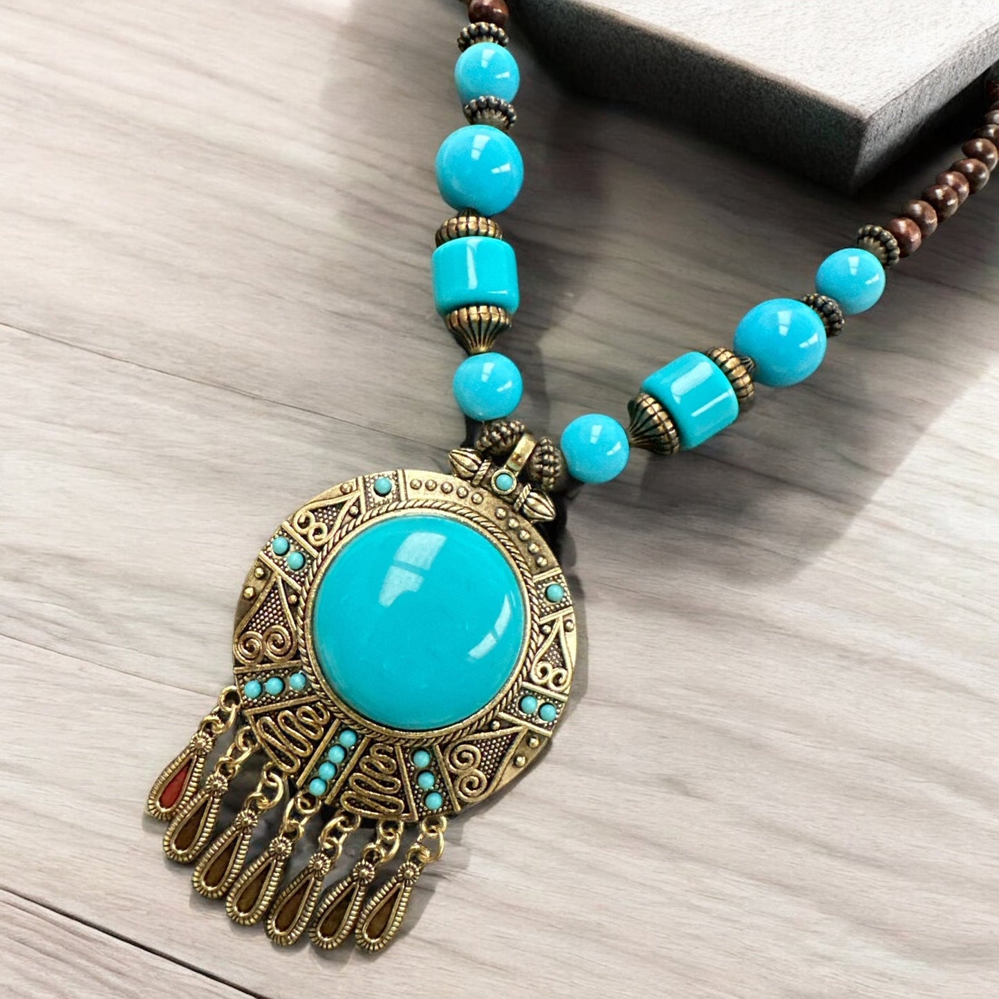 Bohemia Colourful Resin and Wooden Beaded Ethnic Pendant Necklace - Fatisha Boutique