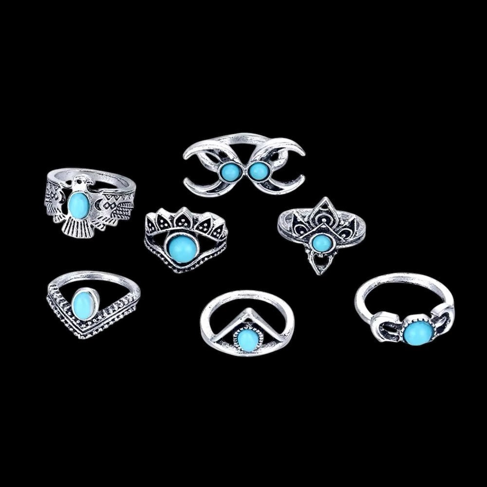 Bohemian 11 - Piece Silver Retro Statement Rings Set – Vintage Turquoise Jewellery - Fatisha Boutique