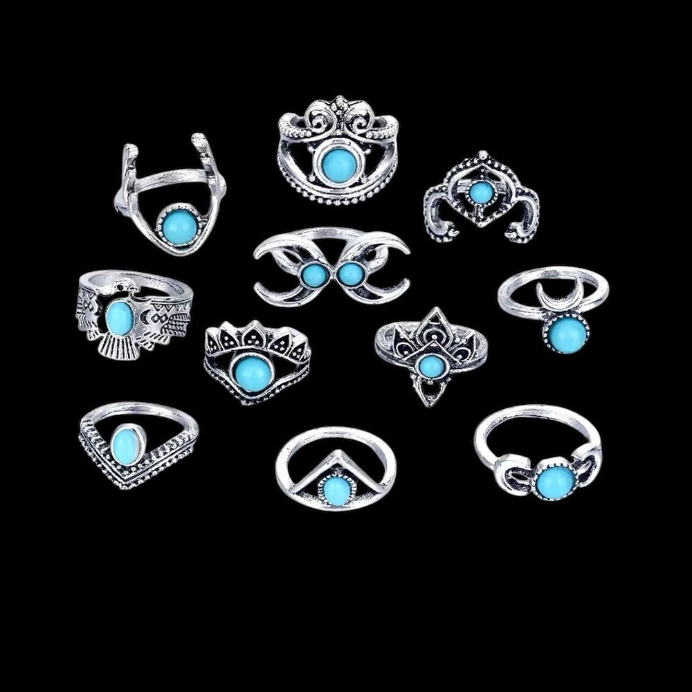 Bohemian 11 - Piece Silver Retro Statement Rings Set – Vintage Turquoise Jewellery - Fatisha Boutique