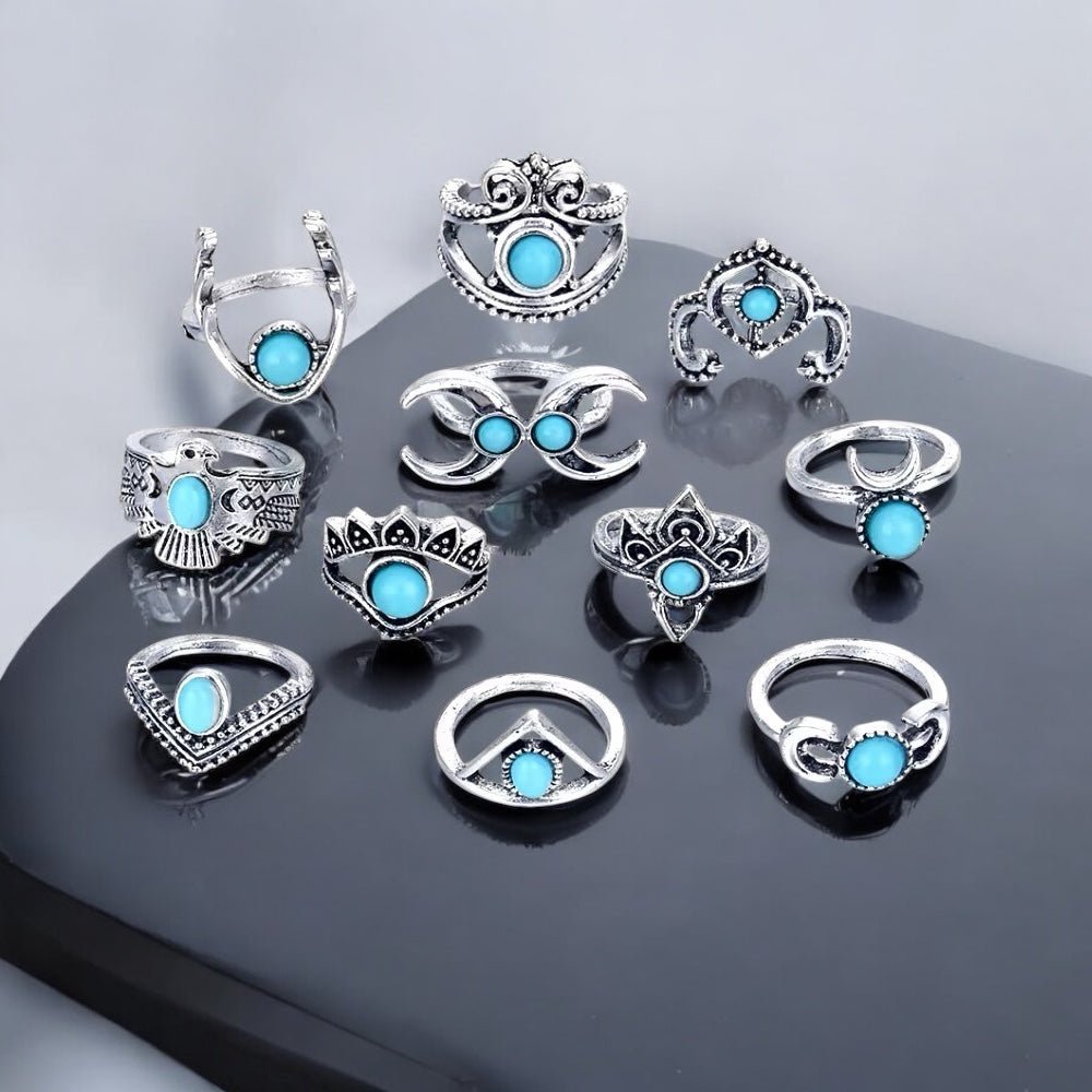Bohemian 11 - Piece Silver Retro Statement Rings Set – Vintage Turquoise Jewellery - Fatisha Boutique
