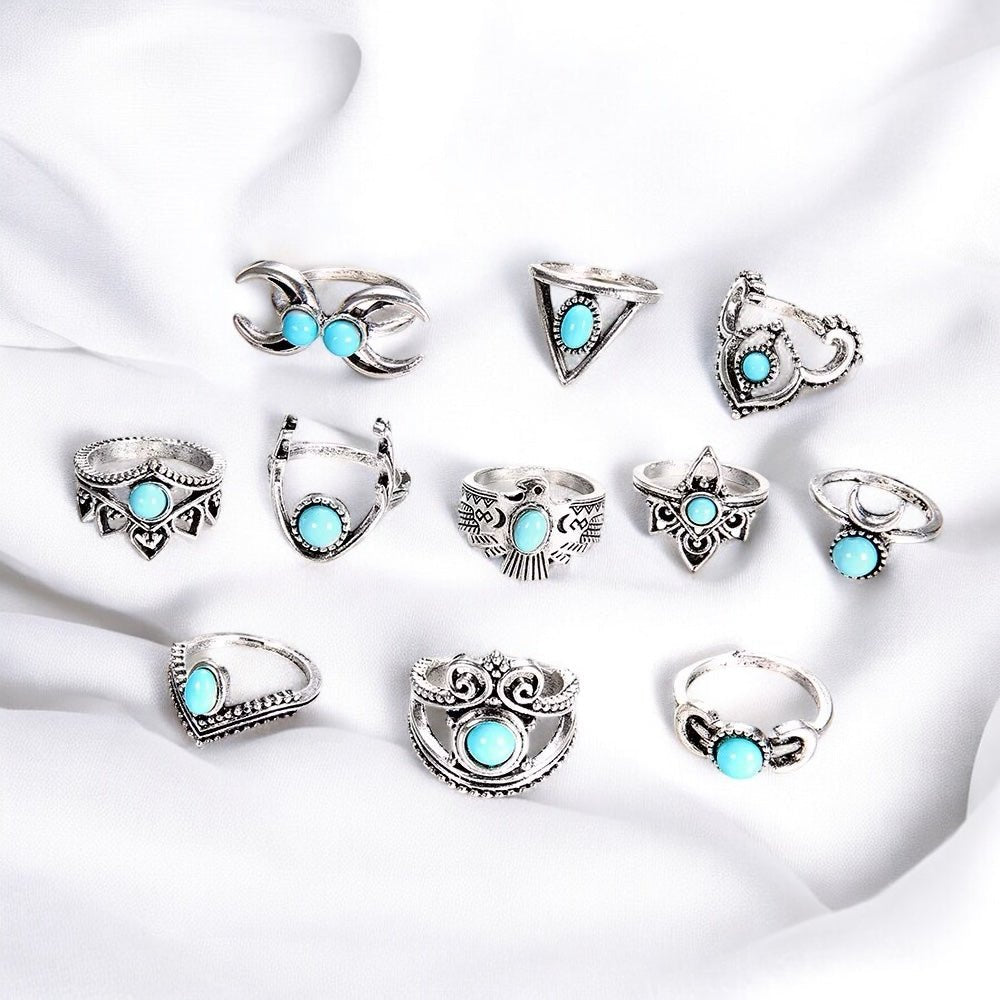 Bohemian 11 - Piece Silver Retro Statement Rings Set – Vintage Turquoise Jewellery - Fatisha Boutique