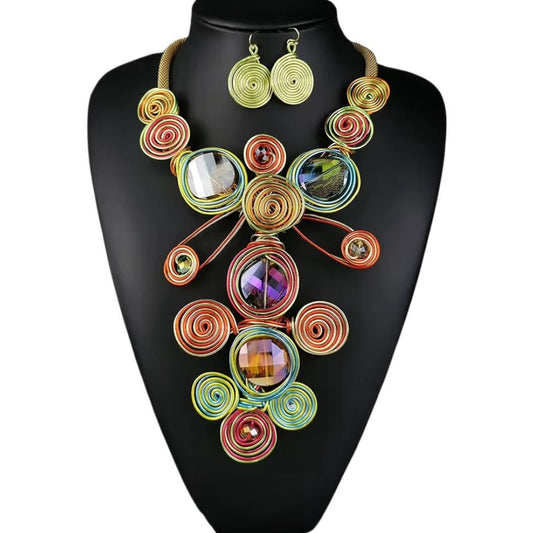Bohemian Big Colourful Crystal Beads Twisted Wire Ethnic Statement Pendant Necklace Set - Fatisha Boutique