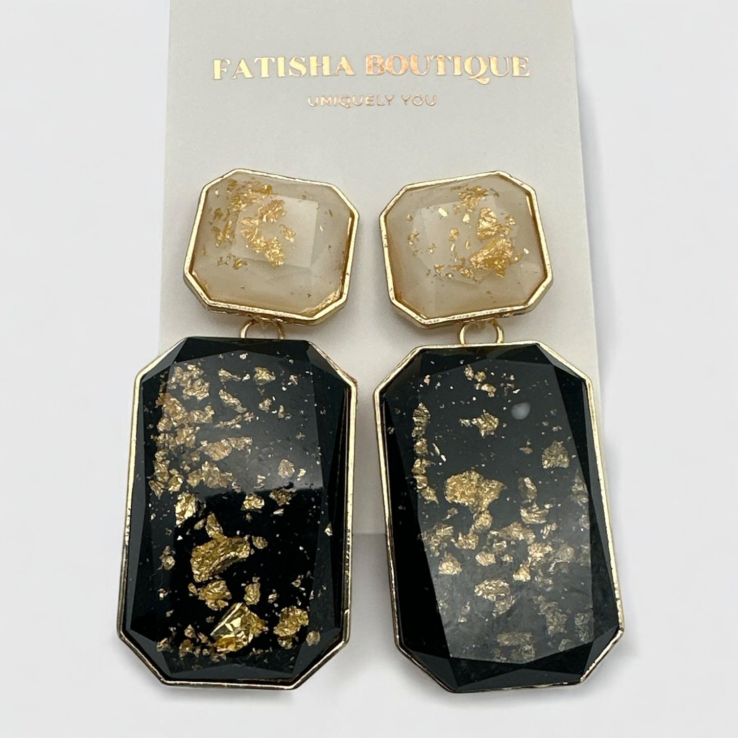 Bohemian Black Resin Dangle Earrings with Gold Foil Accents - Fatisha Boutique