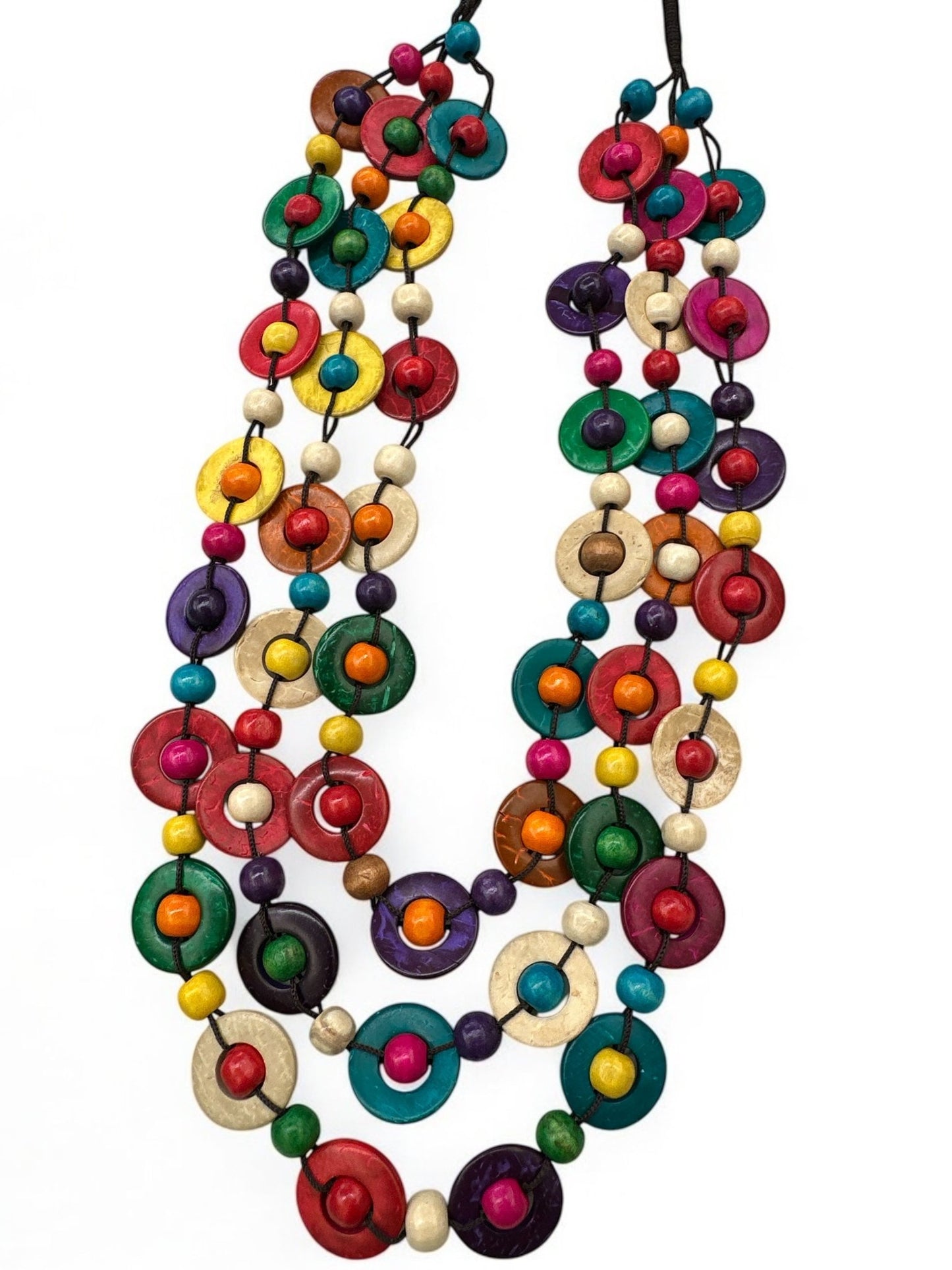 Bohemian Ethnic Multicolour Coconut Shell Necklace – Handmade Layered Statement Jewellery - Fatisha Boutique