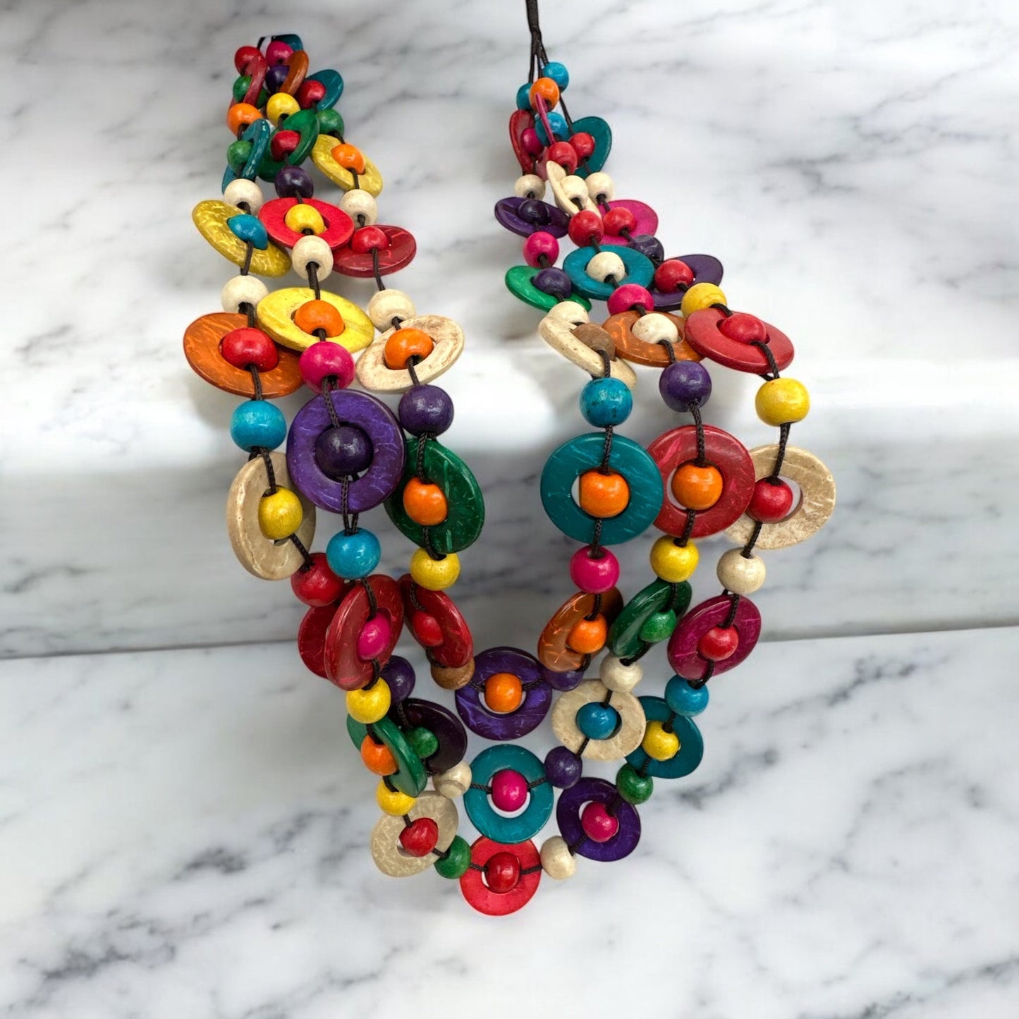 Bohemian Ethnic Multicolour Coconut Shell Necklace – Handmade Layered Statement Jewellery - Fatisha Boutique