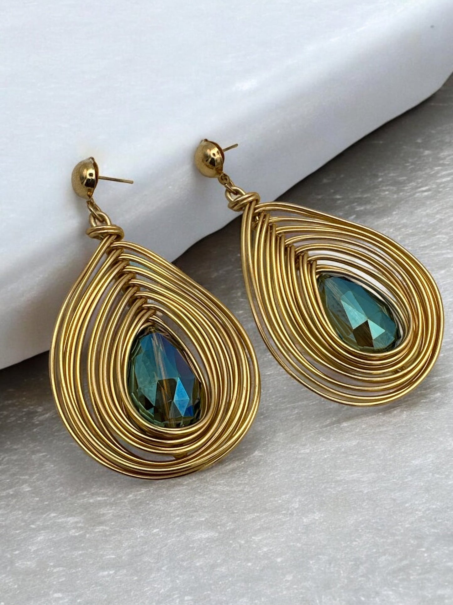 Bohemian Gold Metal Wire Wrapped Crystal Statement Dangle Earrings - Fatisha Boutique