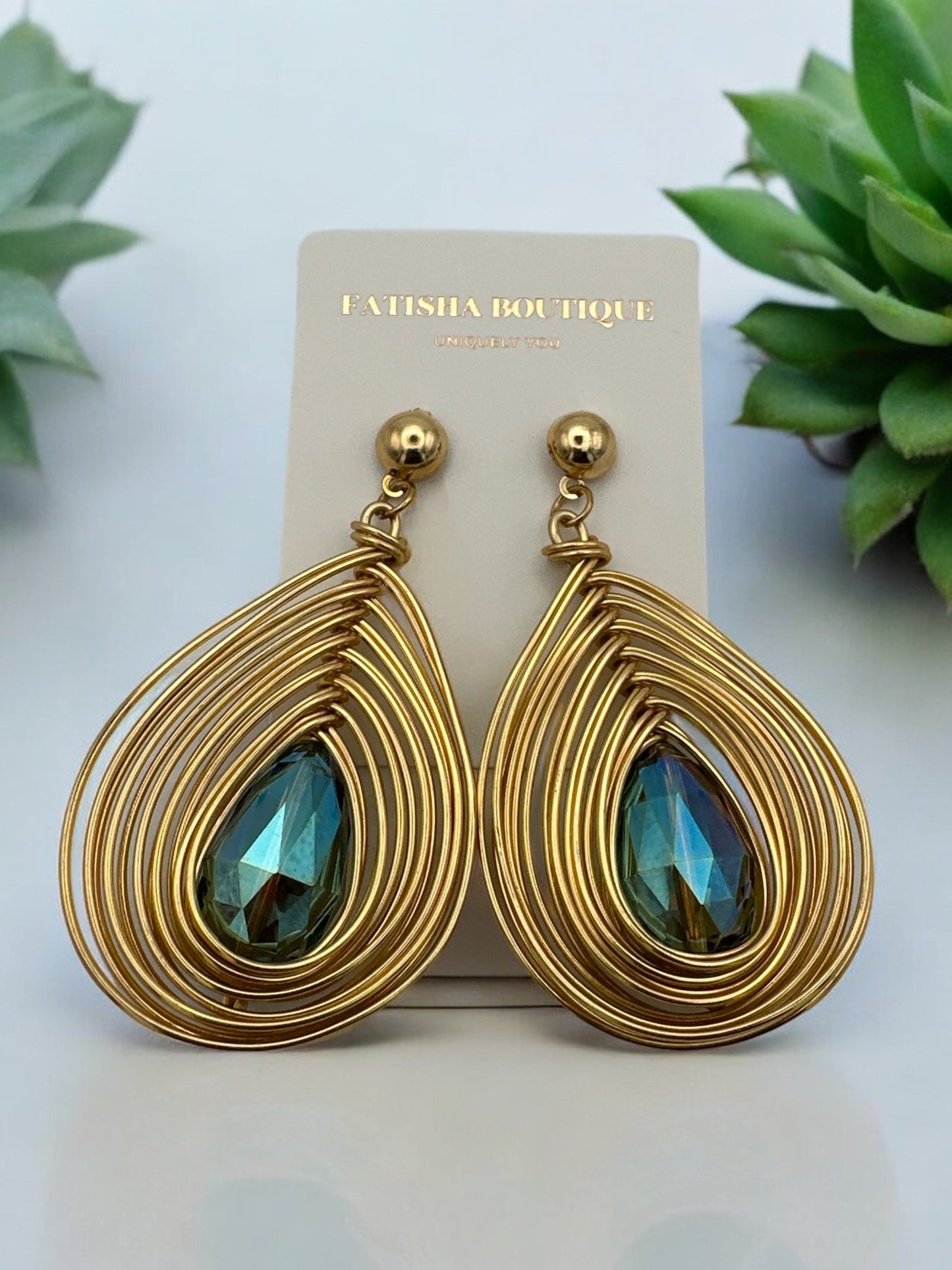 Bohemian Gold Metal Wire Wrapped Crystal Statement Dangle Earrings - Fatisha Boutique