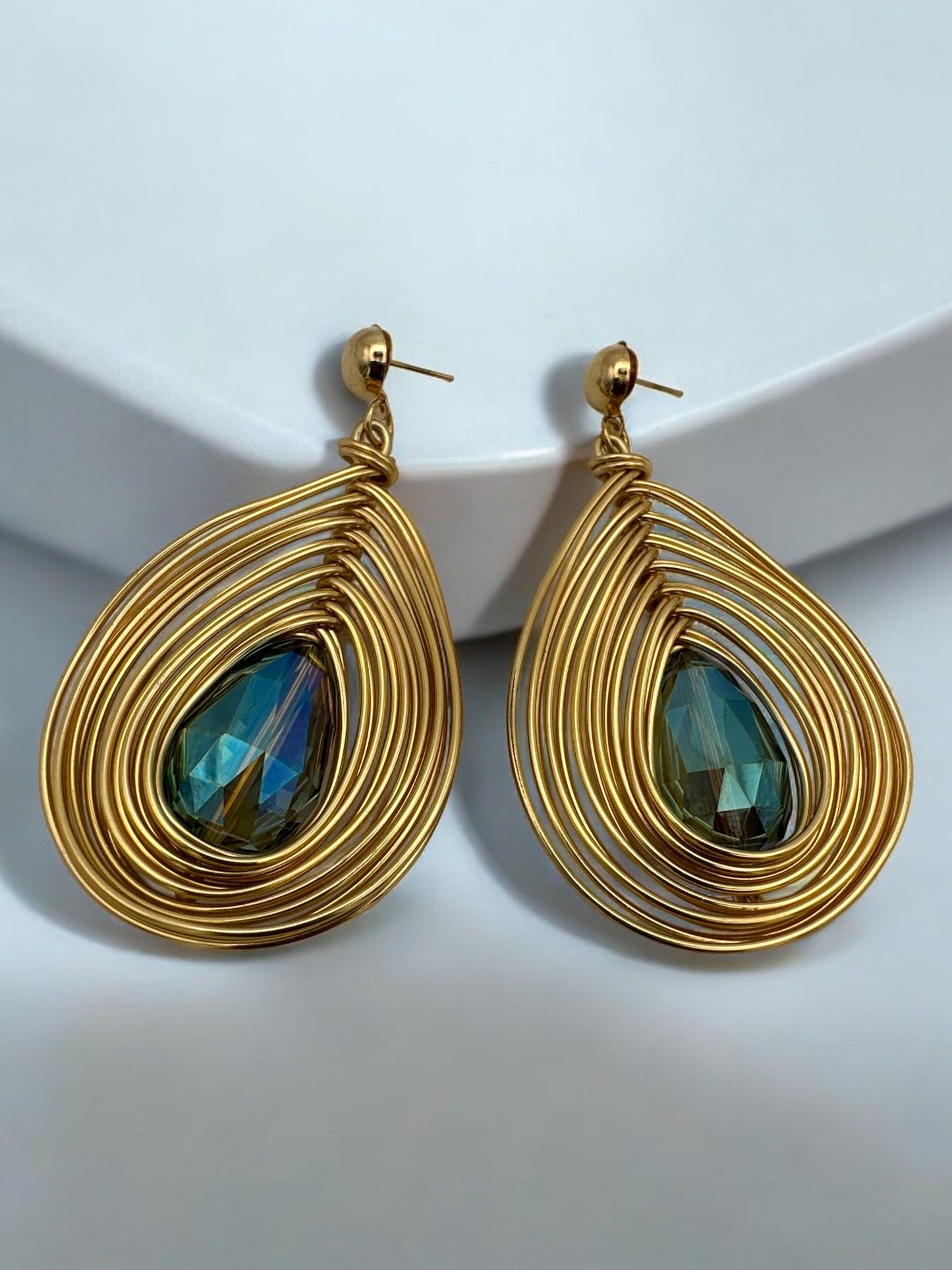 Bohemian Gold Metal Wire Wrapped Crystal Statement Dangle Earrings - Fatisha Boutique