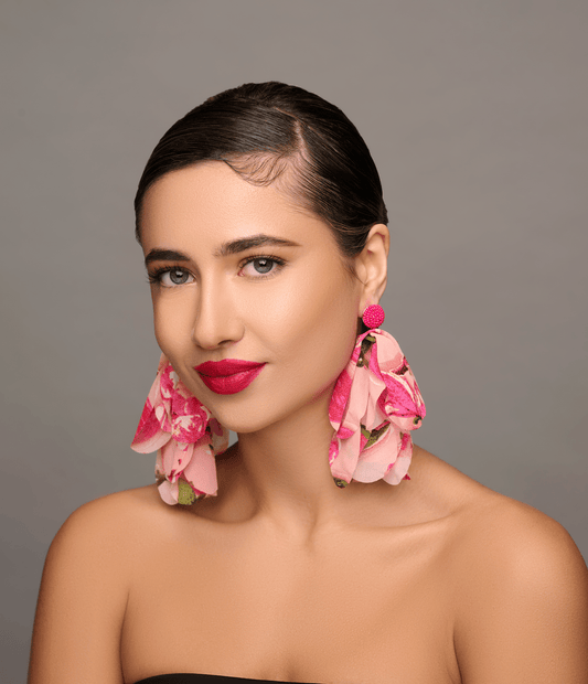 Bohemian Long - Fringed Petal Flowers Floral Pink Print Tassel Stud Dangle Earrings - Fatisha Boutique