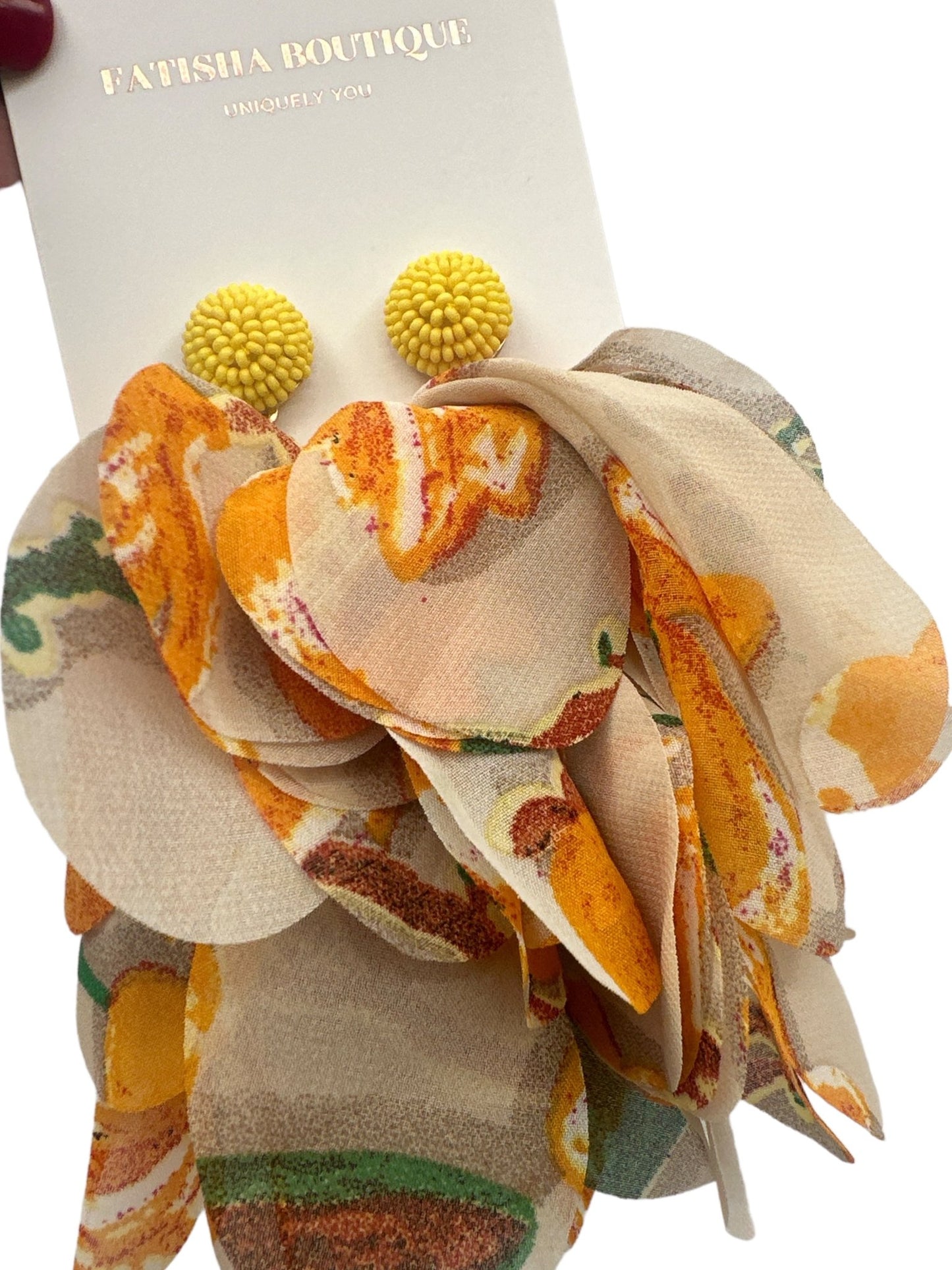 Bohemian Long - Fringed Petal Flowers Floral Yellow Print Tassel Stud Dangle Earrings - Fatisha Boutique