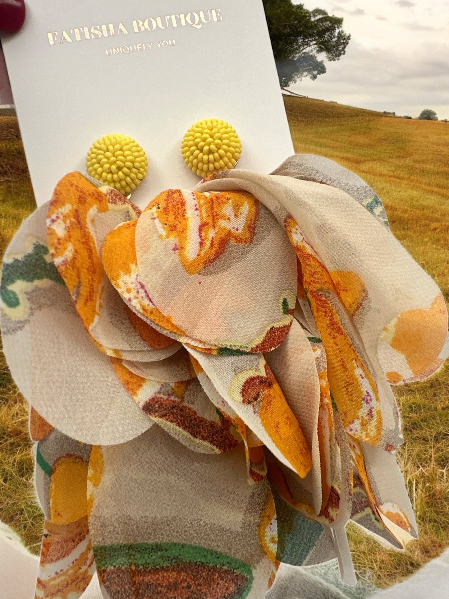 Bohemian Long - Fringed Petal Flowers Floral Yellow Print Tassel Stud Dangle Earrings - Fatisha Boutique