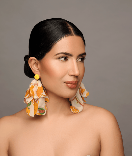 Bohemian Long - Fringed Petal Flowers Floral Yellow Print Tassel Stud Dangle Earrings - Fatisha Boutique