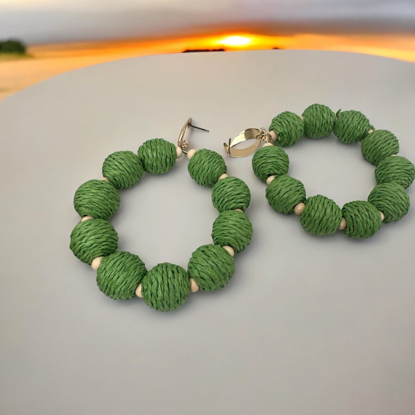 Bohemian Long Green Natural Raffia Beads Ethnic Dangle Earrings - Fatisha Boutique