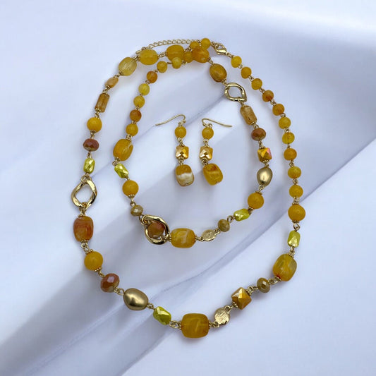 Bohemian Long Yellow Beaded Necklace and Earrings Set - Fatisha Boutique