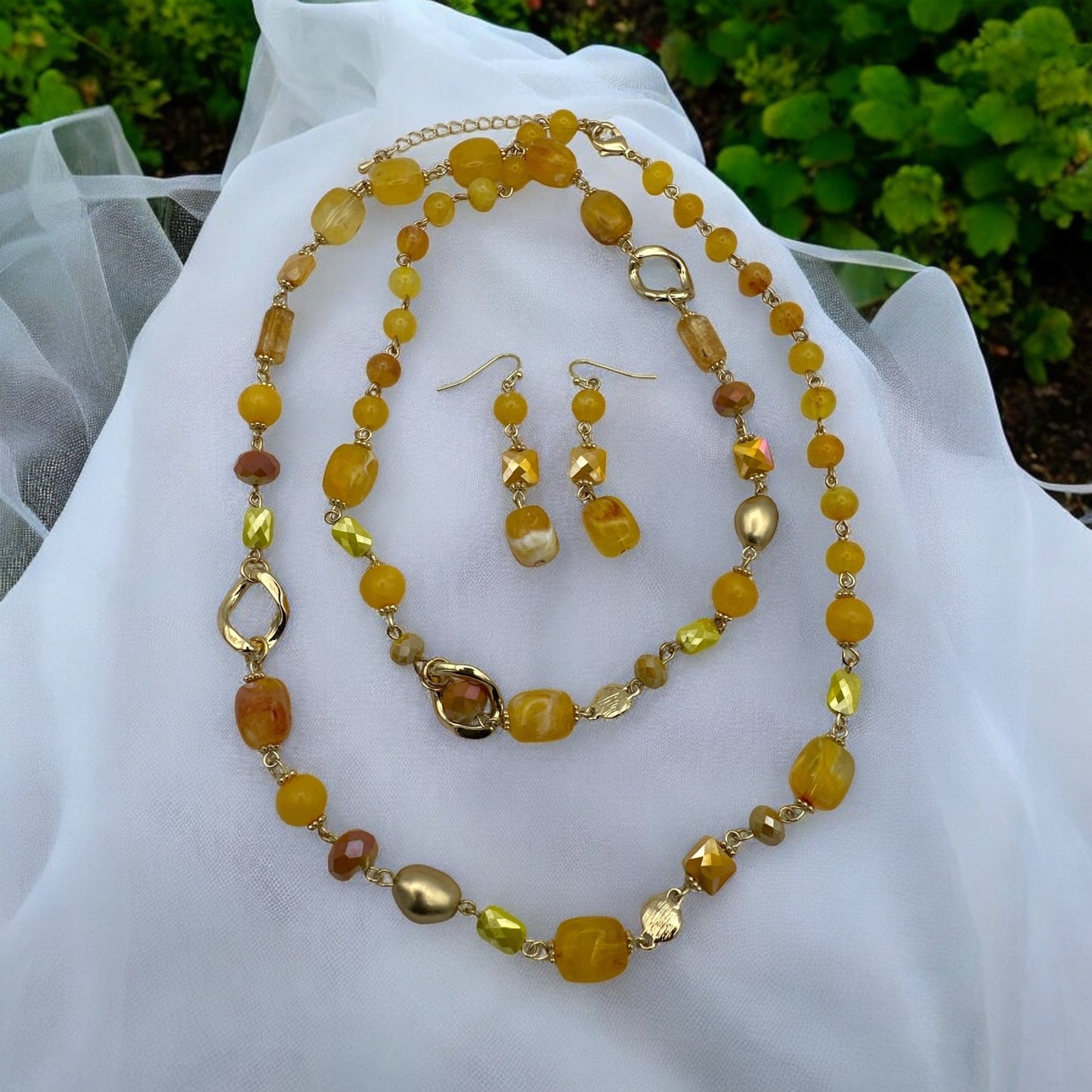 Bohemian Long Yellow Beaded Necklace and Earrings Set - Fatisha Boutique