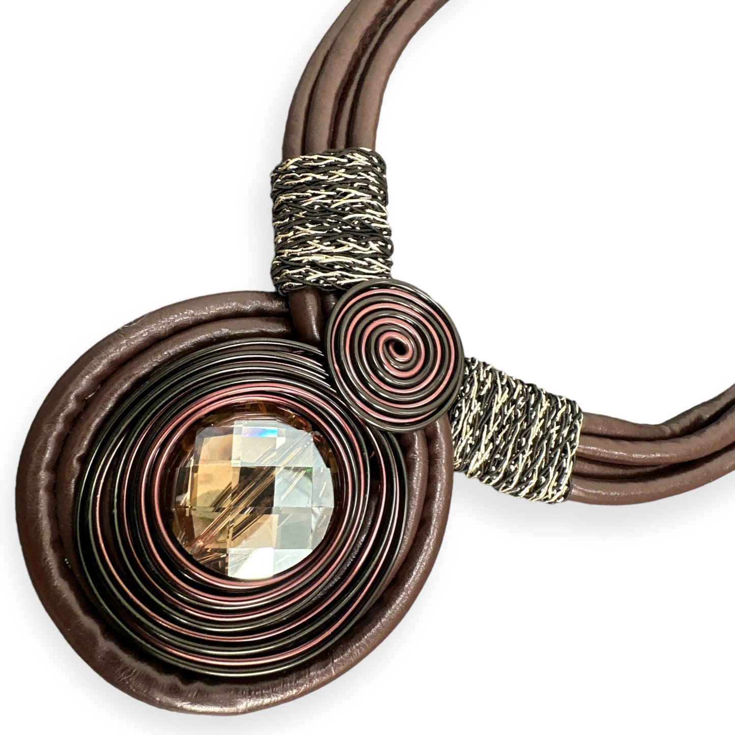 Bohemian Multi - Strand Faux Leather Crystal Centered Pendant Statement Necklace - Fatisha Boutique