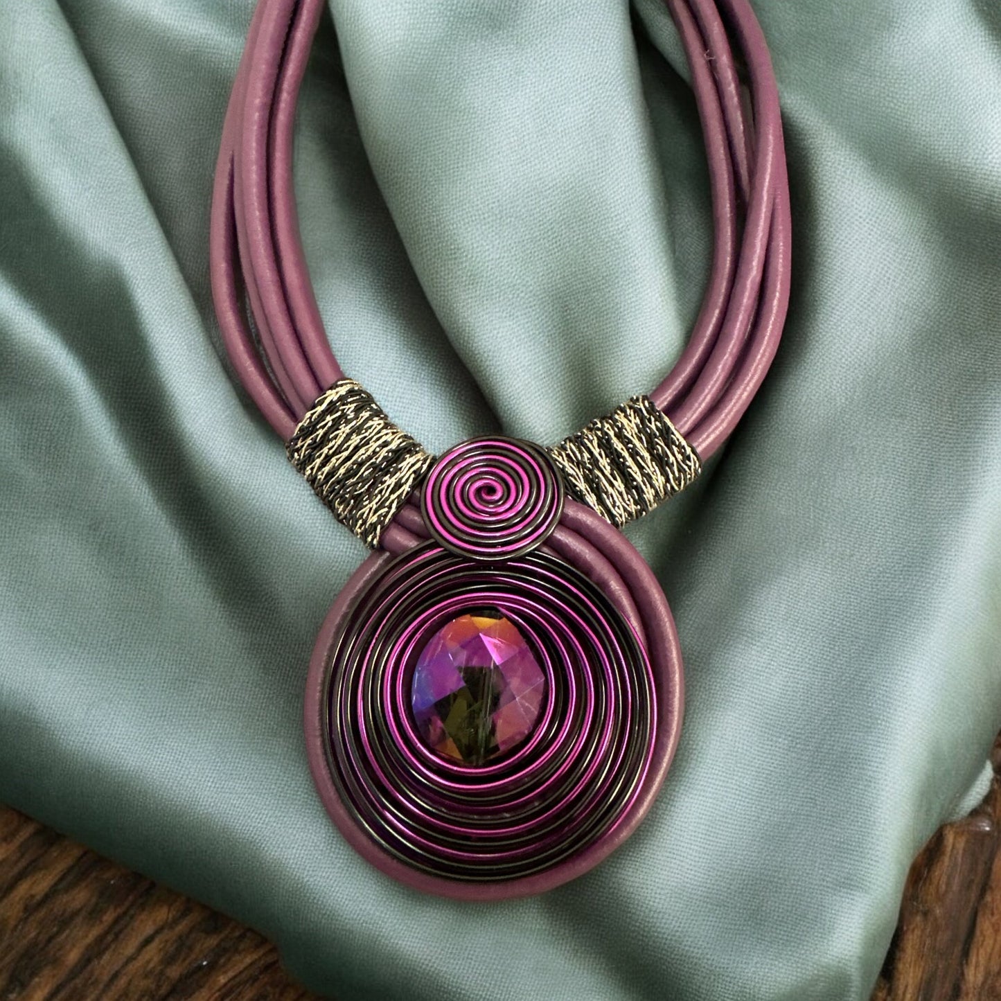 Bohemian Multi - Strand Faux Leather Crystal Centered Pendant Statement Necklace - Fatisha Boutique