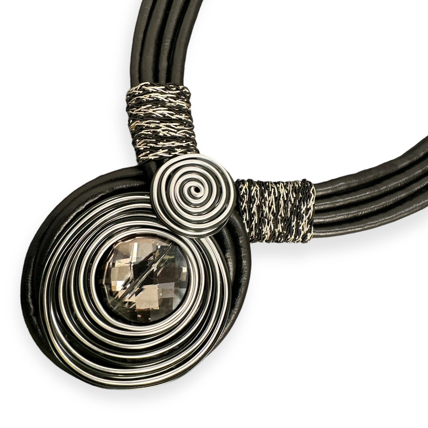 Bohemian Multi - Strand Faux Leather Crystal Centered Pendant Statement Necklace - Fatisha Boutique