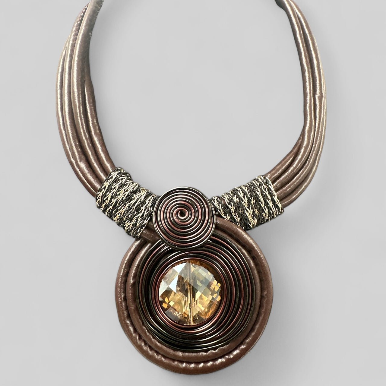 Bohemian Multi - Strand Faux Leather Crystal Centered Pendant Statement Necklace - Fatisha Boutique