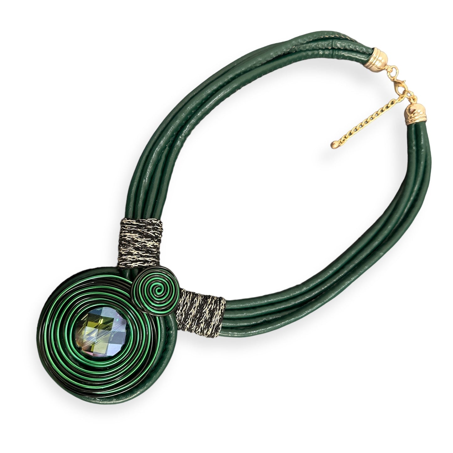Bohemian Multi - Strand Faux Leather Crystal Centered Pendant Statement Necklace - Fatisha Boutique