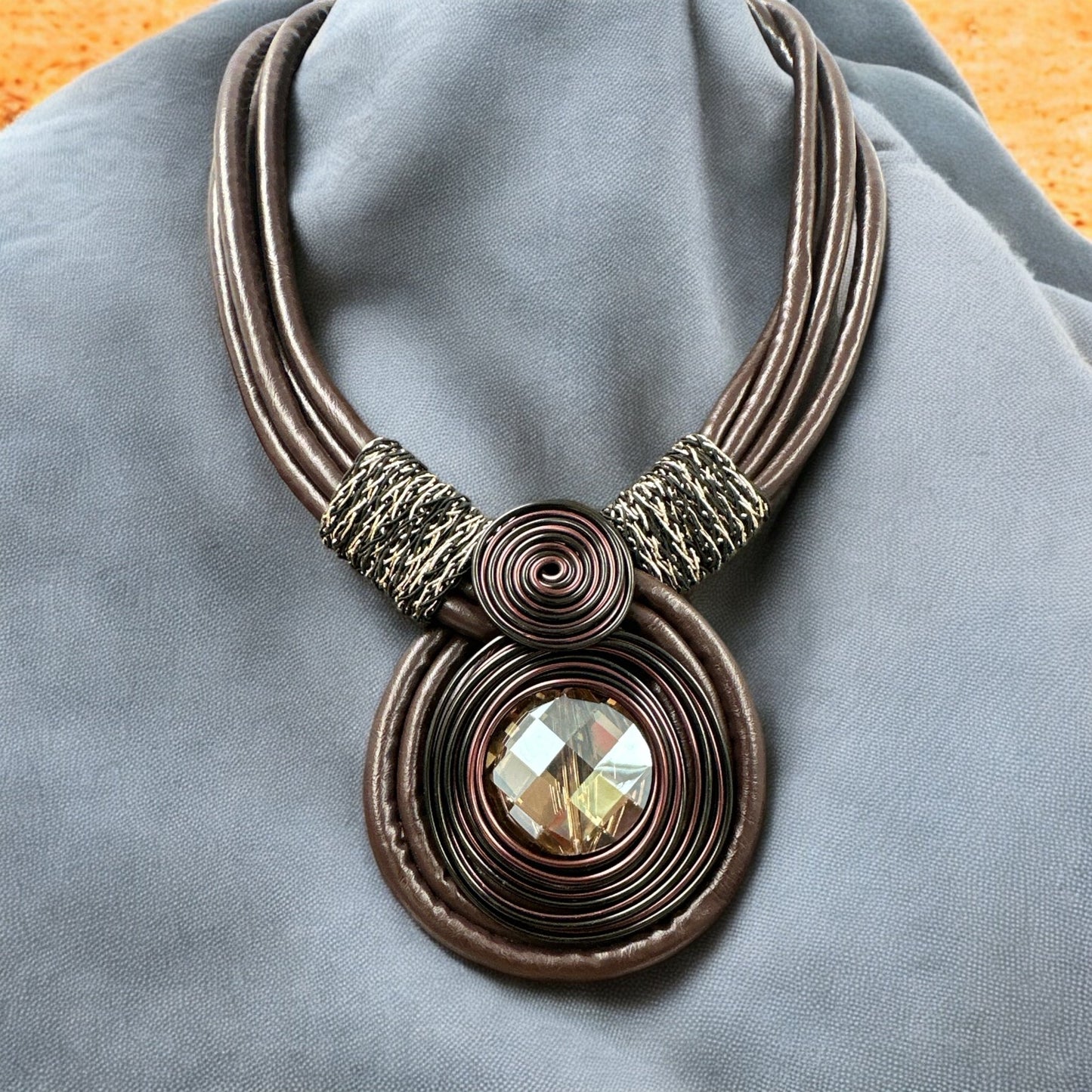 Bohemian Multi - Strand Faux Leather Crystal Centered Pendant Statement Necklace - Fatisha Boutique