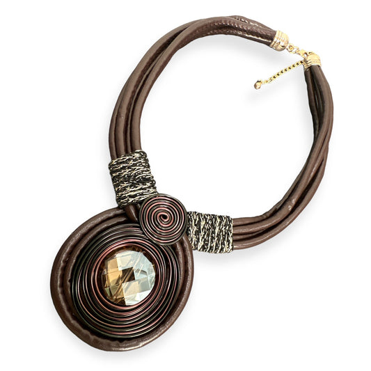 Bohemian Multi - Strand Faux Leather Crystal Centered Pendant Statement Necklace - Fatisha Boutique