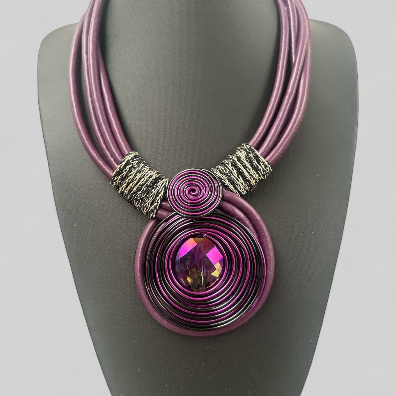 Bohemian Multi - Strand Faux Leather Crystal Centered Pendant Statement Necklace - Fatisha Boutique