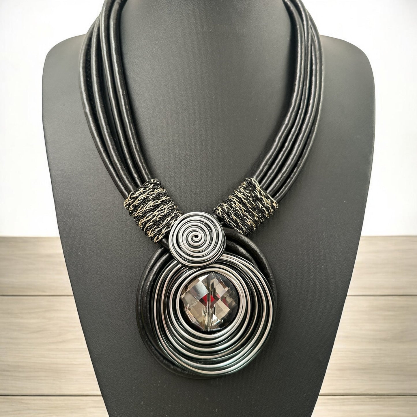 Bohemian Multi - Strand Faux Leather Crystal Centered Pendant Statement Necklace - Fatisha Boutique