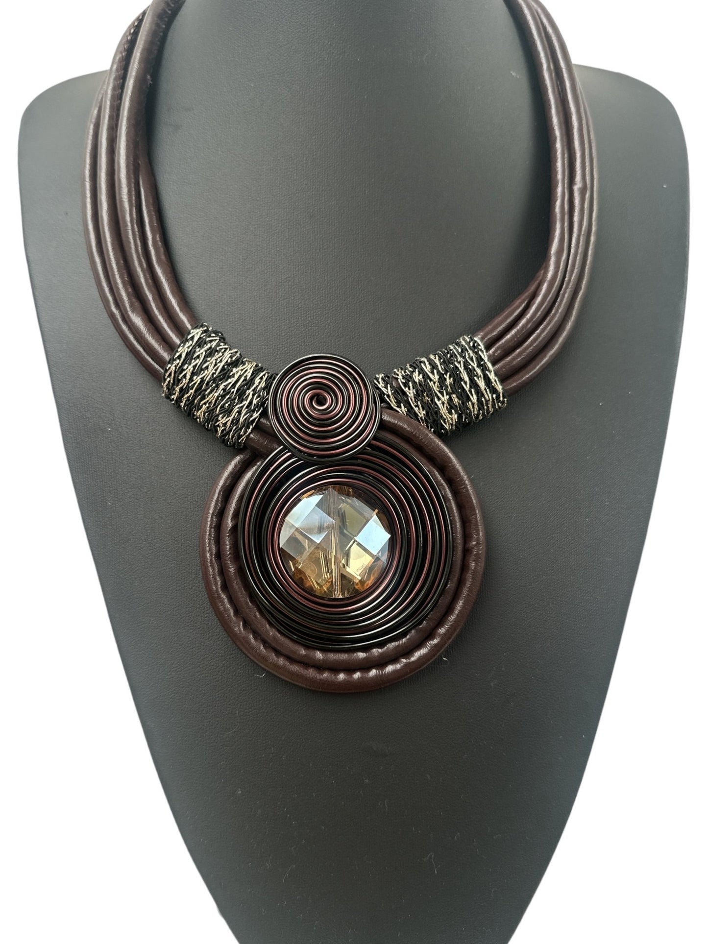 Bohemian Multi - Strand Faux Leather Crystal Centered Pendant Statement Necklace - Fatisha Boutique