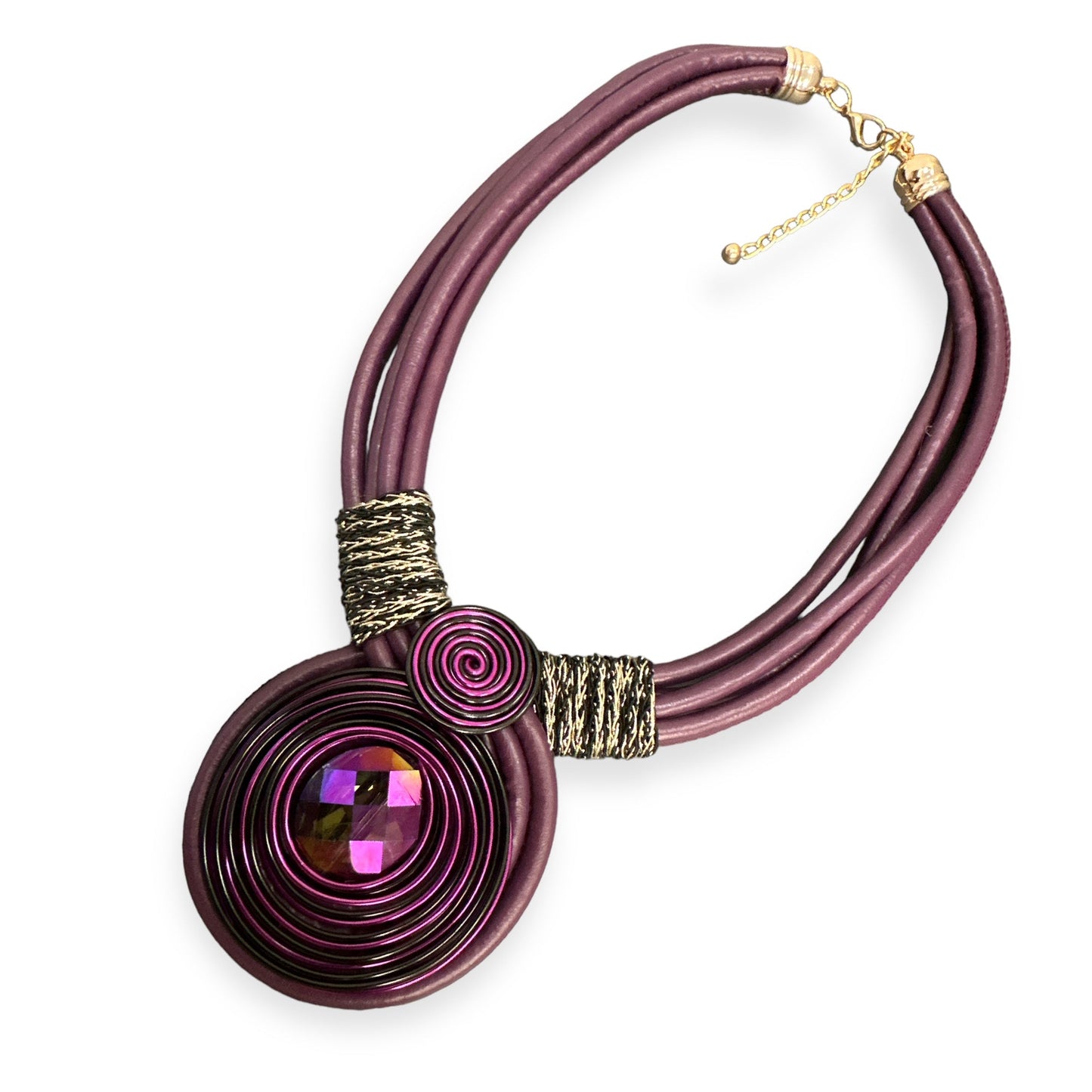 Bohemian Multi - Strand Faux Leather Crystal Centered Pendant Statement Necklace - Fatisha Boutique