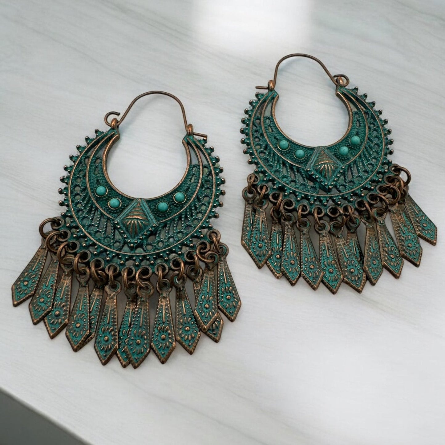 Bohemian Vintage Tribal Drop Earrings - Antique Bronze and Turquoise Statement Earrings - Fatisha Boutique