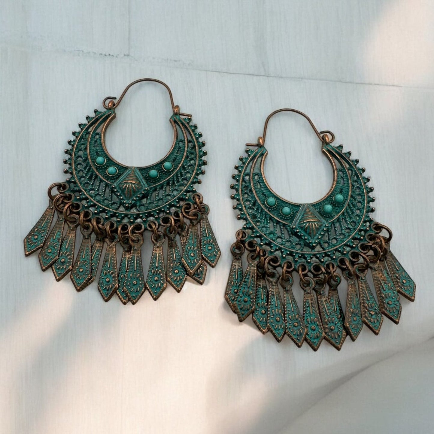 Bohemian Vintage Tribal Drop Earrings - Antique Bronze and Turquoise Statement Earrings - Fatisha Boutique