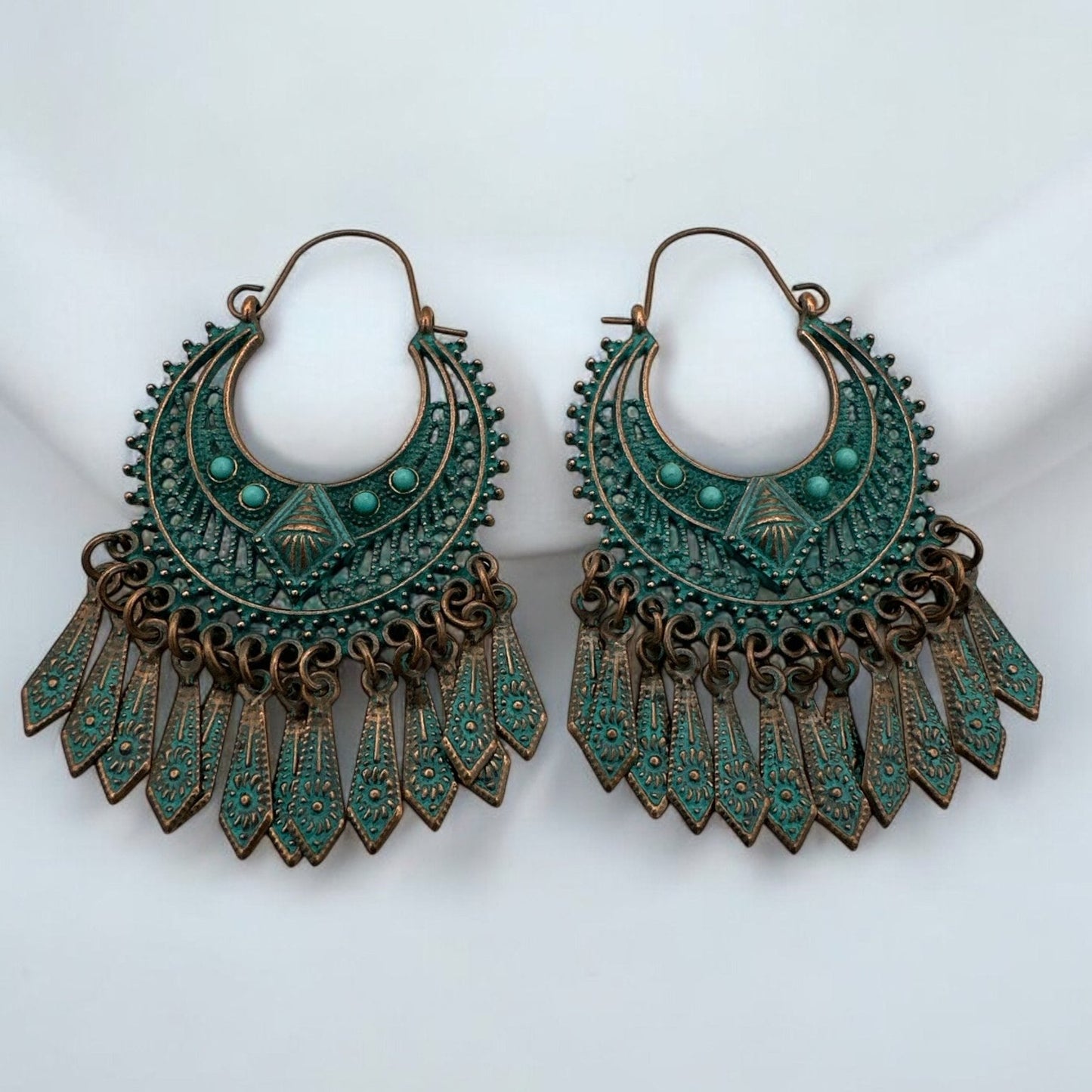 Bohemian Vintage Tribal Drop Earrings - Antique Bronze and Turquoise Statement Earrings - Fatisha Boutique