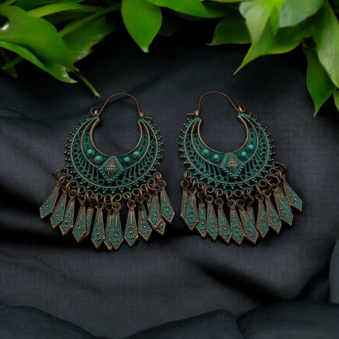 Bohemian Vintage Tribal Drop Earrings - Antique Bronze and Turquoise Statement Earrings - Fatisha Boutique