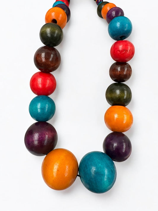 Boho Multicolour Wooden Bead Necklace – Chunky Ethnic Handmade Statement Jewellery - Fatisha Boutique