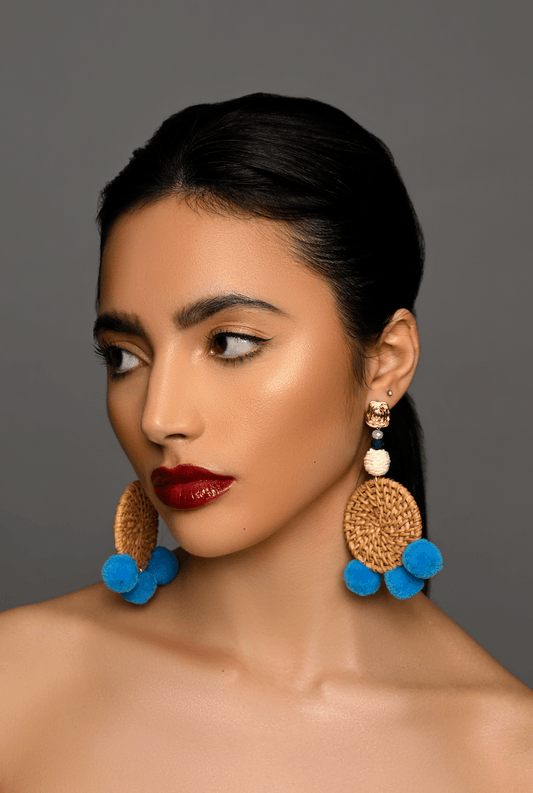 Boho Pom - Pom Rattan Drop Earrings – Natural Woven Statement Earrings with Blue Accents - Fatisha Boutique