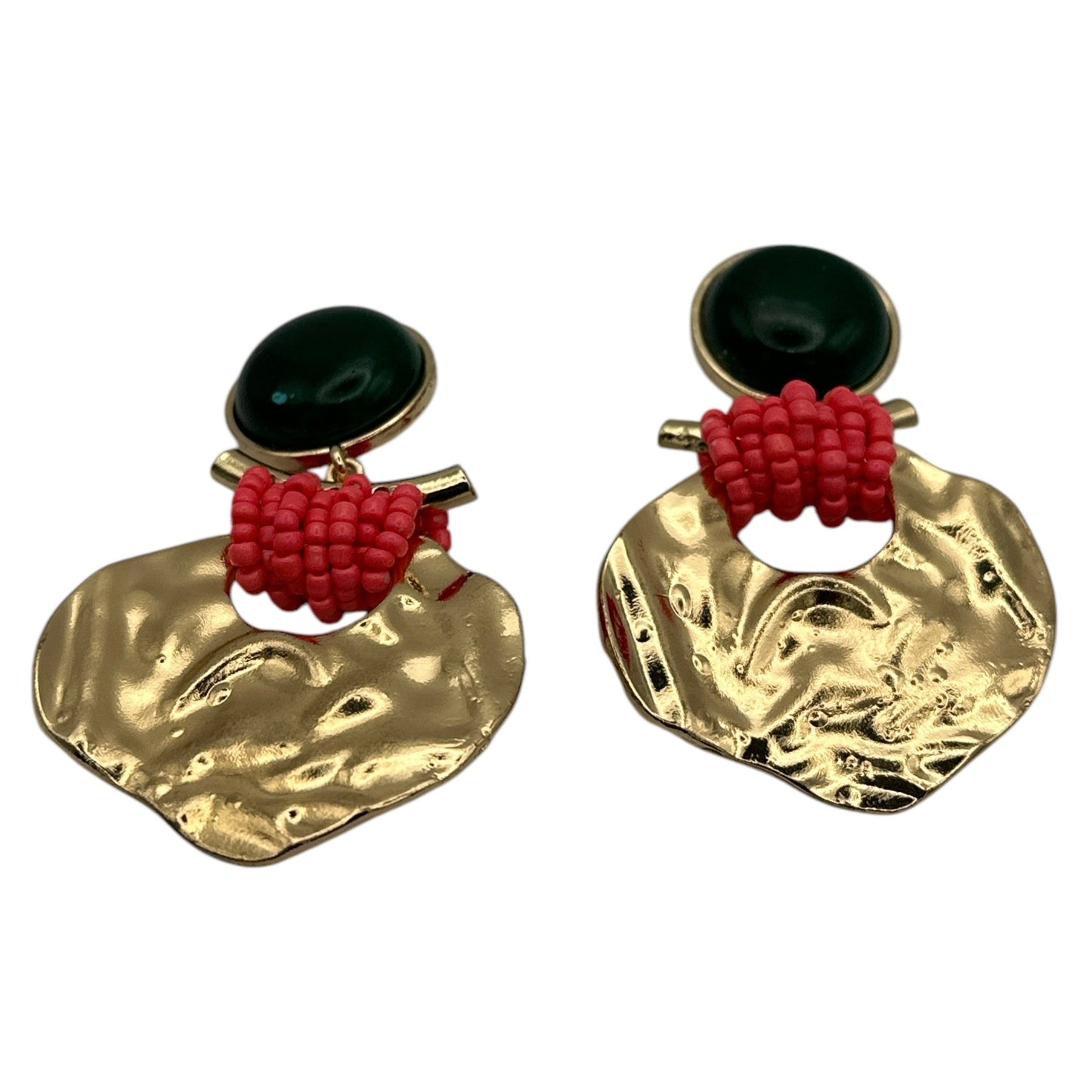 Bold Green and Pink Beaded Drop Earrings – Unique Gold Statement Jewelry for Women with Artistic Flair - Fatisha Boutique