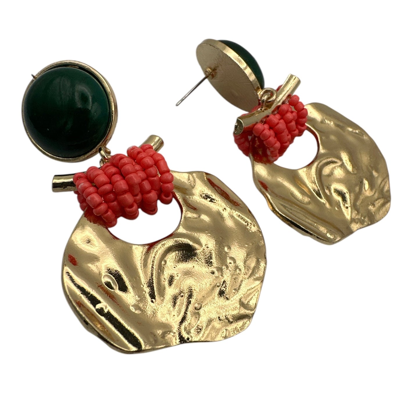 Bold Green and Pink Beaded Drop Earrings – Unique Gold Statement Jewelry for Women with Artistic Flair - Fatisha Boutique