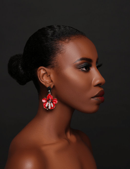 Bold Red Flower Drop Statement Earrings with Crystal Accents - Fatisha Boutique