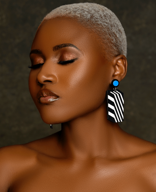 Bold Retro Geometric Black & White Statement Earrings – Bold Acrylic Drop Earrings with Blue Stud - Fatisha Boutique