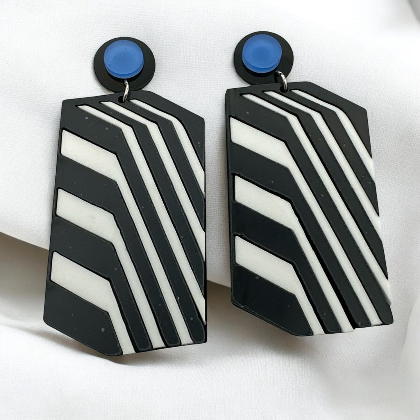 Bold Retro Geometric Black & White Statement Earrings – Bold Acrylic Drop Earrings with Blue Stud - Fatisha Boutique
